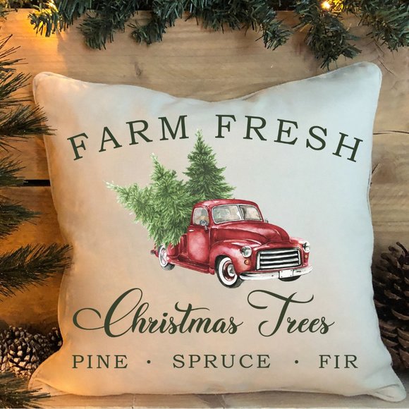 Christmas Pillow Cover, Christmas Truck, Indoor/Outdoor, Holiday Decor - Picture 2 of 3